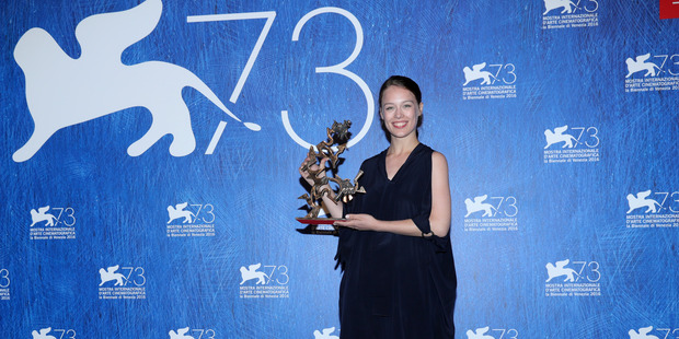 Actress Paula Beer poses with the Premio Marcello Mastroianni Award for Best New Young Actress for 'Frantz' during the award winners photocall during the 73rd Venice Film Festival. Photo / Getty