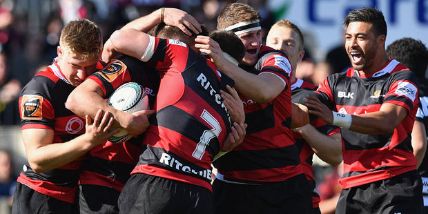 Canterbury celebrate yet another try. Photo / Getty