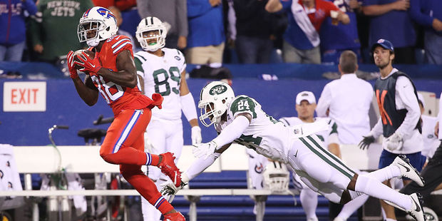 Don't blink! NFL star Darrelle Revis gets burned by Buffalo Bills wide receiver and former Olympian Marquise Goodwin. Photo / Getty Images