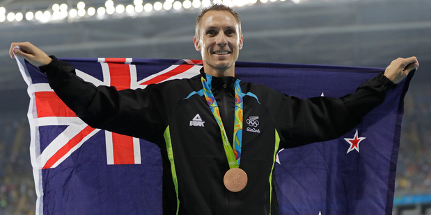 New Zealand's Nick Willis celebrates winning the bronze in the men's 1500m at Rio. Photo / AP