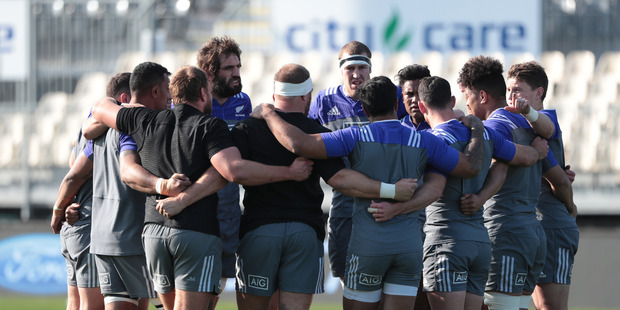 All Blacks form a huddle, during the New Zealand All Blacks team training session held at AMI Stadium, Christchurch, in preparation for the test against South Africa. Photo / Brett Phibbs.