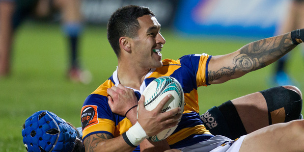 TOP FORM: Terrence Hepetema celebrates after scoring for Bay of Plenty against Northland in Rotorua last Friday. Photo/File
