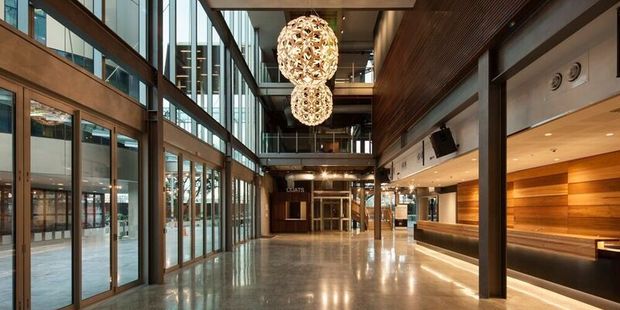 The Waterfront Theatre is glass cladded, making it easier for the public to see what goes on behind closed doors. The main entrance also features David Trubridge light features.