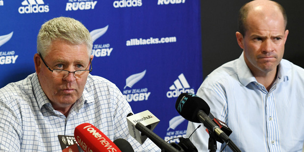 NZR CEO Steve Tew, left, and Chiefs CEO Andrew Flexman at a press conference on the release of the report into players behaviour at the end of season function. Photo / Ross Setford