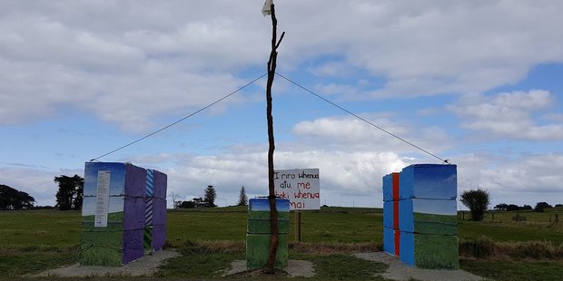 The first concrete blocks of a planned protest "whare" on the site of a proposed Fletchers housing project at Mangere. Photo / Supplied