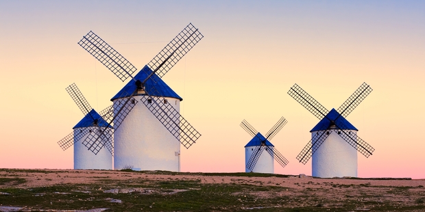 The La Mancha region is dotted with whitewashed windmills, like those Don Quixote fights in Miguel de Cervantes' book. Photo / 123RF