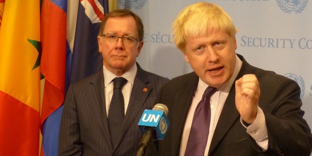 Murray McCully and Boris Johnson enjoyed a jovial meeting in New York. Photo / Audrey Young