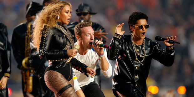 Beyonce, Chris Martin of Coldplay and Bruno Mars perform during the Pepsi Super Bowl 50 Halftime Show at Levi's Stadium on February 7, 2016 in Santa Clara, California. Photo / Getty