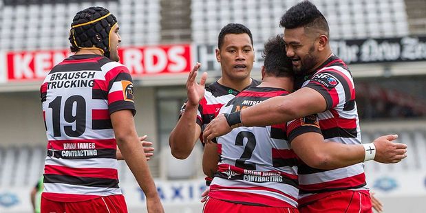 Counties Manukau celebrate a try by Gafatasi Su`a. Photo / Getty