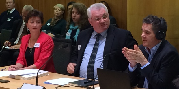 The Human Rights Commission's chief legal adviser Janet Anderson-Bidois, Chief Commissioner David Rutherford, and Disabilities Commissioner Paul Gibson appear before the Health Committee at Parliament this morning. Picture: Isaac Davison