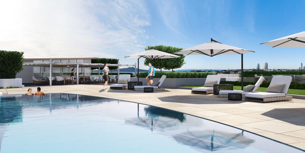 Outdoor pool on podium deck of The Milford.