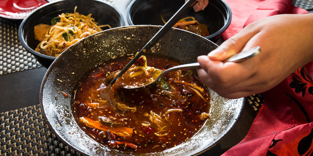 Duck blood in chilli oil at Yuema Restaurant in Albany. Photo / Jason Oxenham