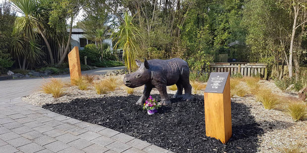 A sculpture of a baby rhinoceros unveiled at Hamilton Zoo in memory of Samantha Kudeweh who was mauled to death by a tiger at the zoo. Photo / Supplied