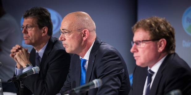 Fonterra Chief Financial Officer Lukas Paravicini, left, Fonterra CEO Theo Spierings, centre, and Fonterra Chairman John Wilson, right. Photo / Jason Oxenham