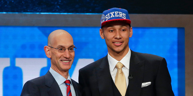 Ben Simmons poses for a photo with NBA Commissioner Adam Silver after being selected as the top pick by the Philadelphia 76ers in June. Photo / AP
