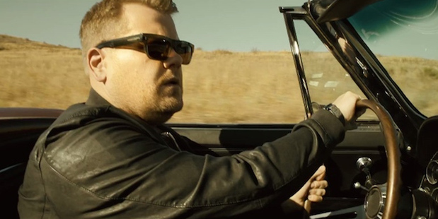 James Corden drives around in a convertible as one of his 'ideas.' Photo / Youtube