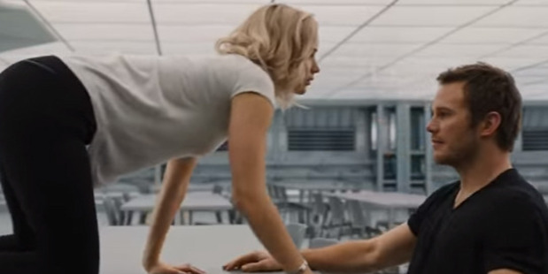 Things get steamy when Jennifer Lawrence and Chris Pratt are alone in space. Photo / YouTube
