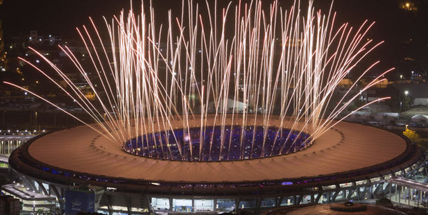 Fireworks go off during the closing ceremony of the Rio Olympics. Photo / AP