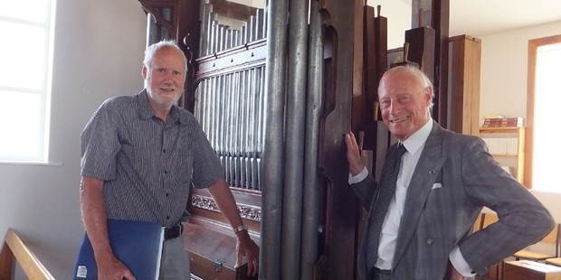 GOOD TO GO: Garth Stevenson (left) and Donald Trott and the refurbished pipe organ they played a major part in having installed at Westmere Presbyterian Memorial Church.PHOTO/RUSSELL CRANE