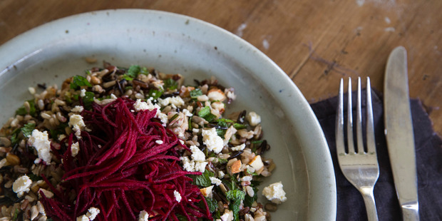Nutty rice salad with beetroot and feta. Photo / Jason Oxenham