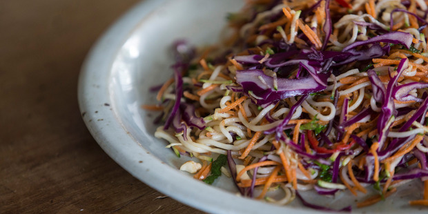 Spicy egg noodles with raw veges. Photo / Jason Oxenham