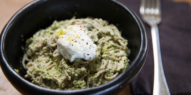 Raw broccoli with pesto, soba noodles and labne. Photo / Jason Oxenham