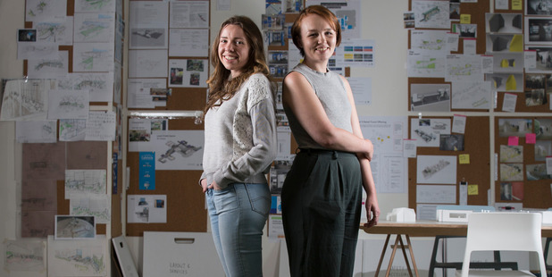AUT students Charlotte Dickson, left, and Eden Short in the design lab in Auckland Hospital. Photo / Jason Oxenham