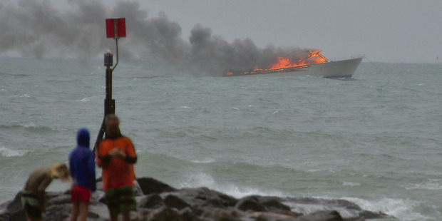 The Pee Jay 5 on fire off Whakatane. Photo / Whakatane Beacon