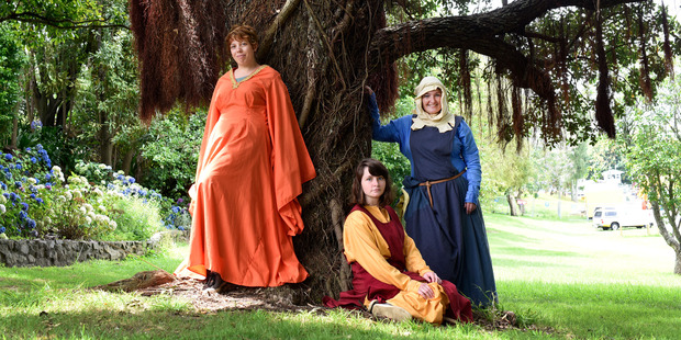 Isla Evans, 16, Lilian Goodliffe, 16, and Andria Goodliffe dressed in medieval garb ahead of this weekend's Medieval Faire at Tauranga Racecourse. Photo / George Novak