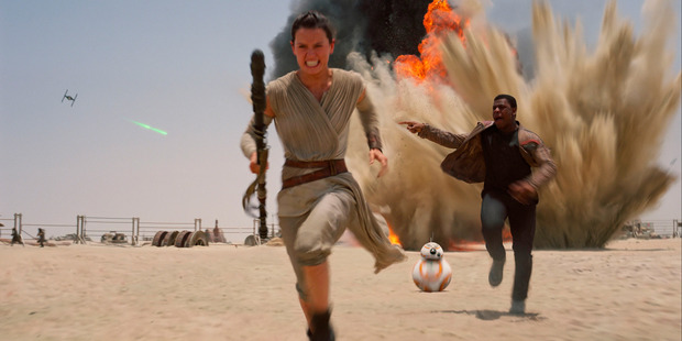 Daisey Ridley as Rey and John Boyega as Finn, in a scene from Star Wars: The Force Awakens.