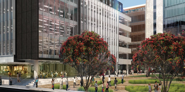 An artist's impression of Bayleys House (VXV3 building) and outside plaza now under construction in the Wynyard Quarter.