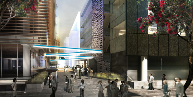 An artist's impression of the laneway between Bayleys House and the Fonterra building which will 'link people, businesses and places'.