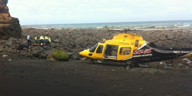 The Taranaki Community Rescue Helicopter had to pick the man up as there is vehicle access to the beach. Photo / Supplied