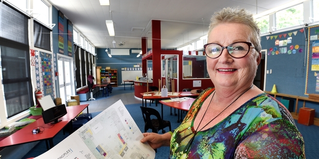 GROWING PAINS: Greerton Village School principal Anne Mackintosh in the library that will soon be home to two classes. She holds the plan showing the location for the planned new classroom block.PHOTO/GEORGE NOVAK