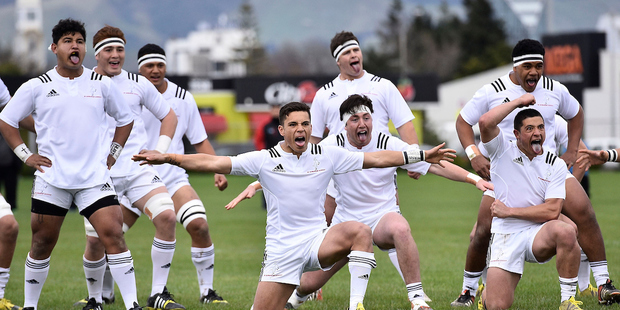 The New Zealand Barbarians Schools perform a Haka during the New Zealand Barbarians Schools vs New Zealand schools team rugby union match. Photo / photosport