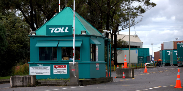The scene at Toll New Zealand in Onehunga after a man was killed when three pallets fell on him. Photo / Dean Purcell