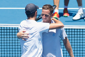 Michael Venus celebrates with doubles partner Mate Pavic. Photo / Getty Images