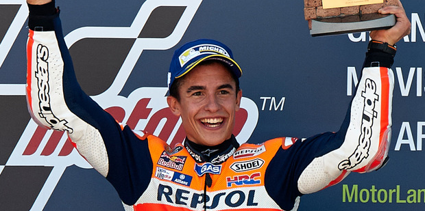 Marc Marquez celebrates the victory on the podium at the end of the MotoGP of Spain. Photo / Getty Images