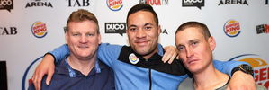 Duco Event's Dean Lonergan and David Higgins with Joseph Parker at a press conference in May. Photo / Andrew Cornaga of Photosport