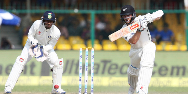 Kane Williamson Captain of New Zealand bats during the 3rd day of the first test match India against New Zealand in Kanpur, India. Photo / AP.