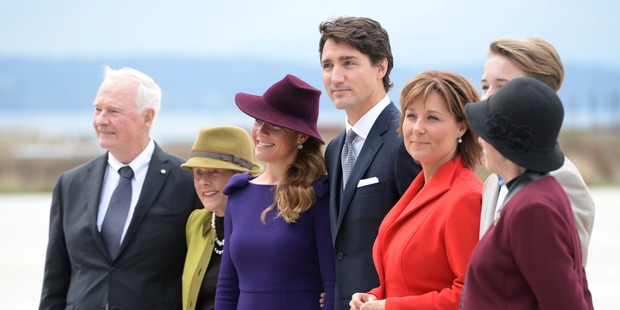 Gov. General David Johnston, Sharon Johnston, Sophie Gregoire Trudeau, Prime Minister Justin Trudeau, British Columbia Premier Christy Clark and Lt.-Gov. of British Columbia Judith Guichon. Photo / AP