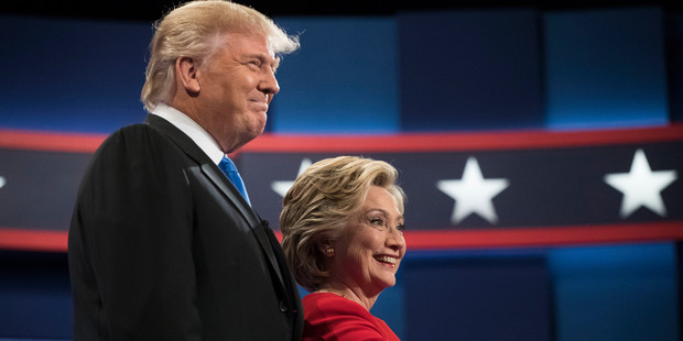 Democratic presidential candidate Hillary Clinton and Republican presidential candidate Donald Trump meet at the start of the first debate. Photo / AP
