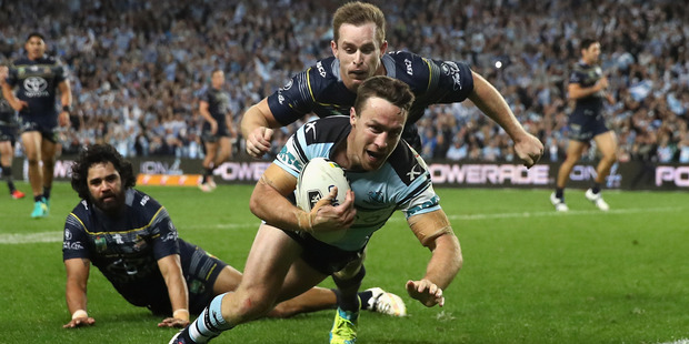 James Maloney of the Sharks scores a try during the NRL Preliminary Final match between the Cronulla Sharks and the North Queensland Cowboys. Photo / Getty Images.