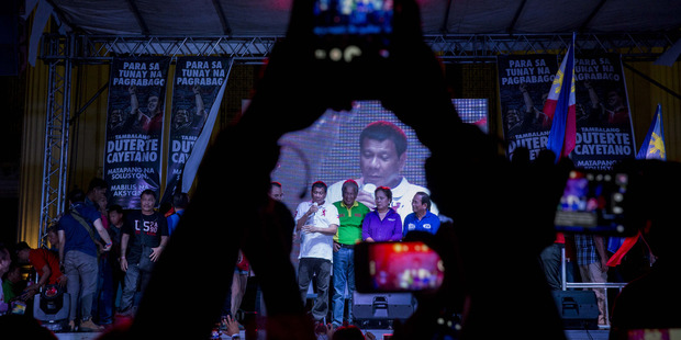 Rodrigo Duterte, speaks during a campaign rally in Manila, the Philippines, on May 1. He was nicknamed "the Death Squad mayor". Photo / Taylor Weidman, Bloomberg