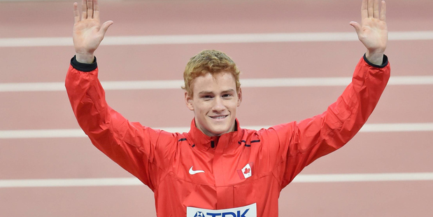 Shawnacy Barber celebrates his gold medal victory at the 2015 IAAF World Championships in Beijing, China. Photo / Photosport