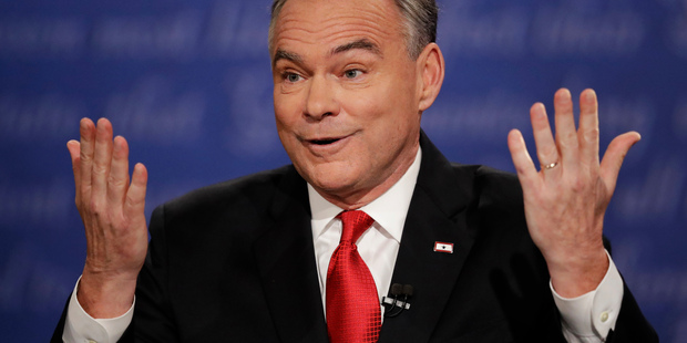 Democratic vice-presidential nominee Tim Kaine speaks during the vice-presidential debate with Republican vice-presidential nominee Mike Pence. Photo / AP
