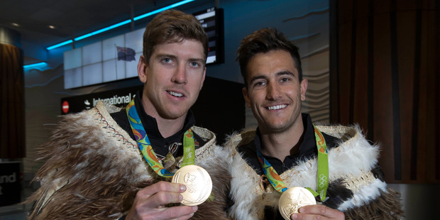 New Zealand gold medallists Peter Burling (left) and Blair Tuke after their return from the Rio Olympics. Photo / Brett Phibbs NZH