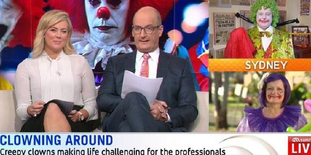 The clowns were too much for the Sunrise hosts, who struggled to keep a straight face. Photo / Sunrise