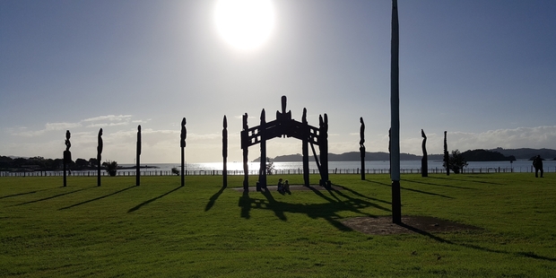 Children at play at the entrance to the Waitangi Treaty Grounds. Photo / Winston Aldworth