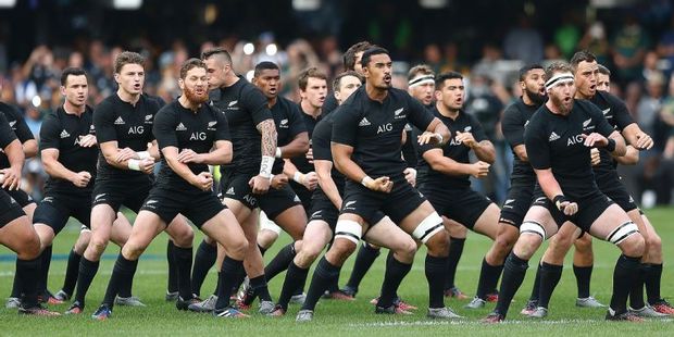 All Blacks perform the Haka during the Rugby Championship match between South Africa and New Zealand at Kingspark Rugby stadium in Durban. Photo / AFP